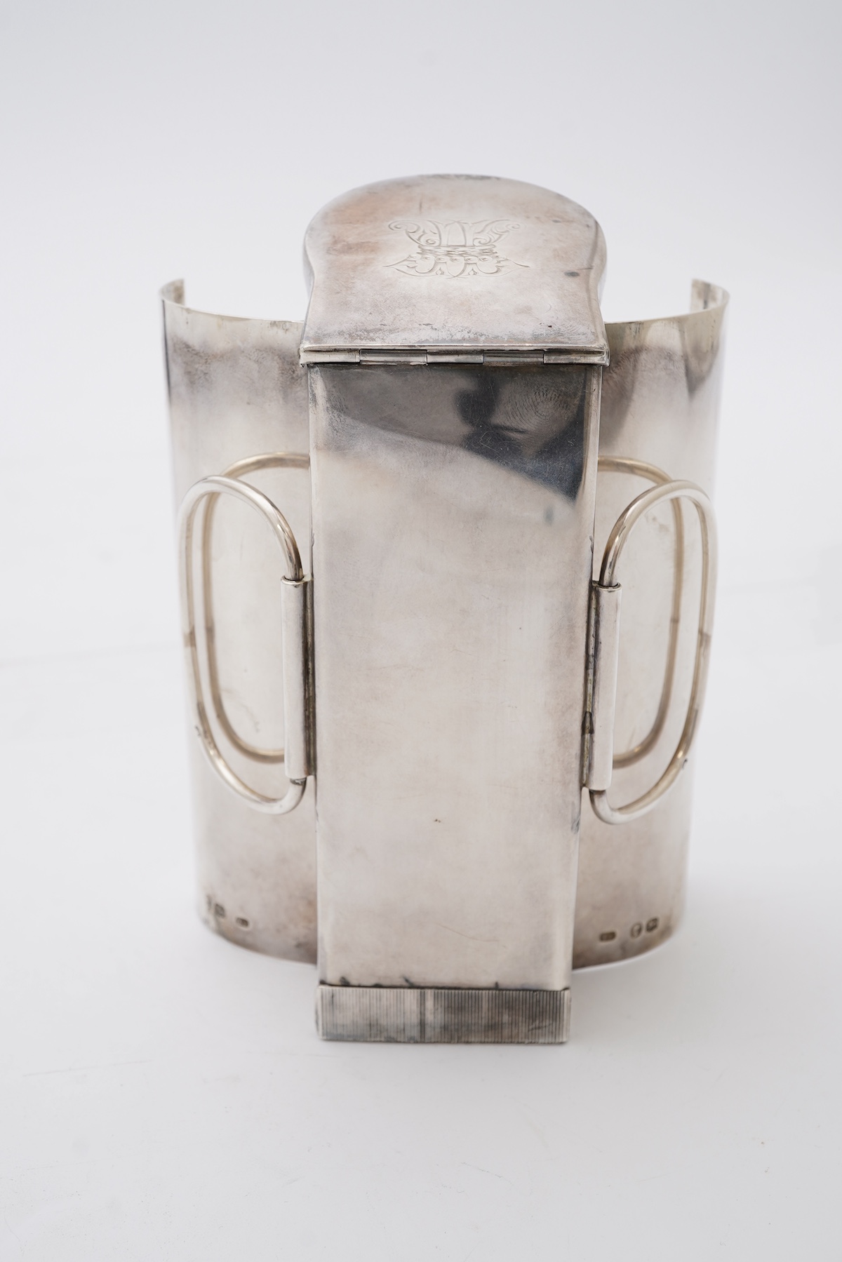 A Victorian silver travelling coach lamp by Thomas Johnson I, in original fitted leather case, retailed by Leuchers, 38 Piccadilly, London